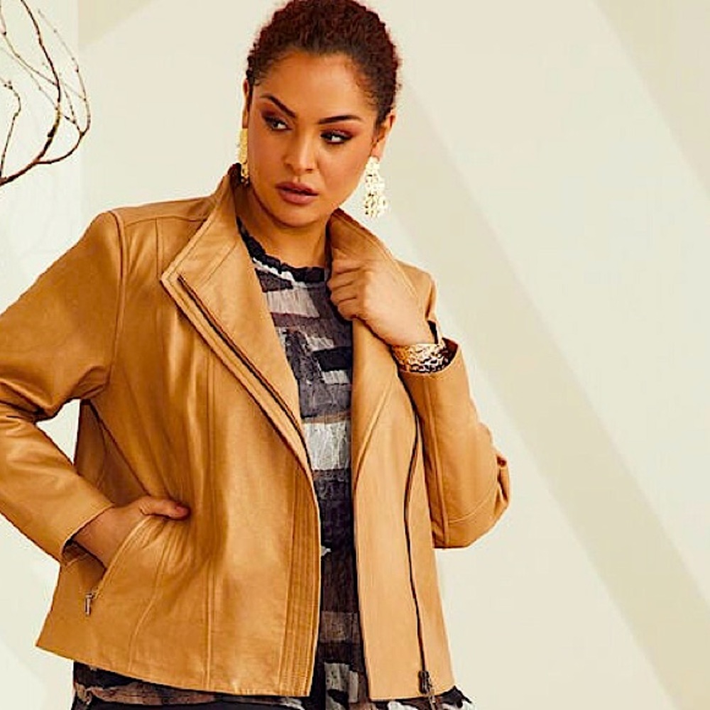 COLE HAAN 100% Italian Leather Crop A-Line Jacket-SzL-Butterscotch Tan-SEE PHOTO